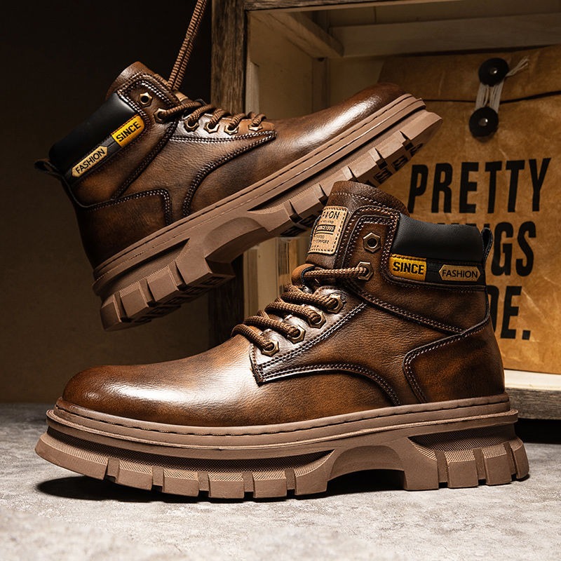 Leatherwork Boots - Vintage Men Platform Ankle Boots Autumn