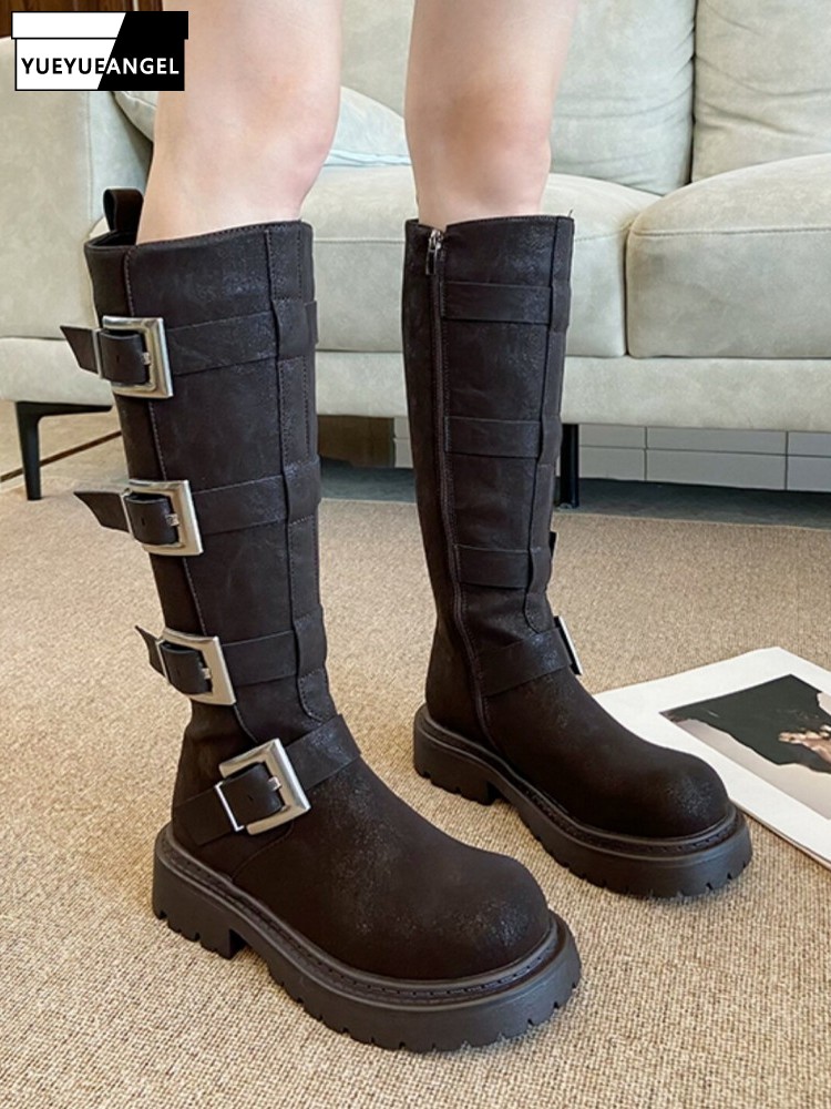 Leatherwork Boots - Fashion Women Multi Buckle Knee High