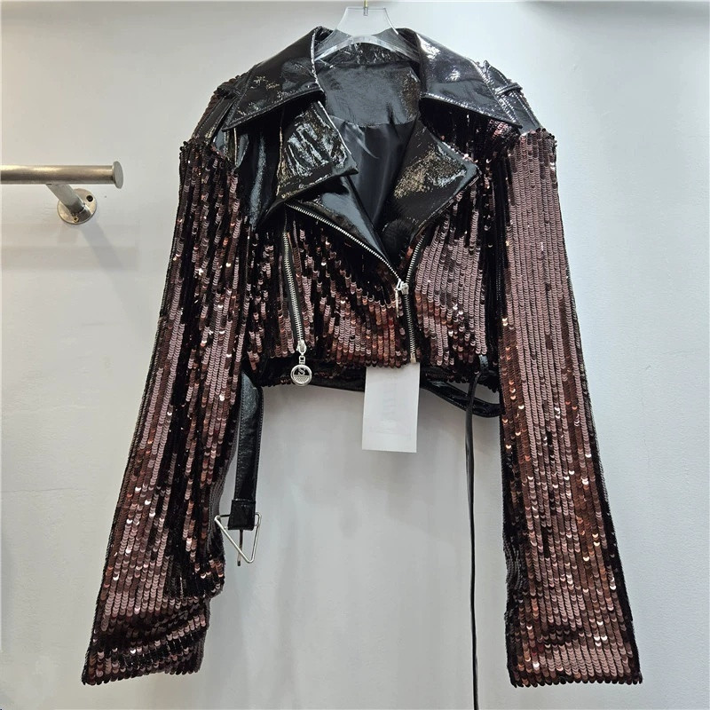 Leather Work Jacket Women'S - Heavy Work Sequins Short Jacket With