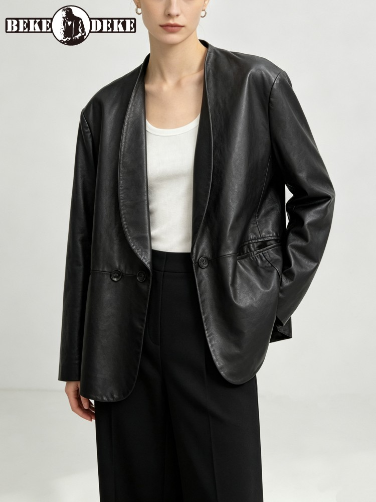 Fashion Women Loose Fit Soft R - Leather Work Jacket Women'S recension och pris