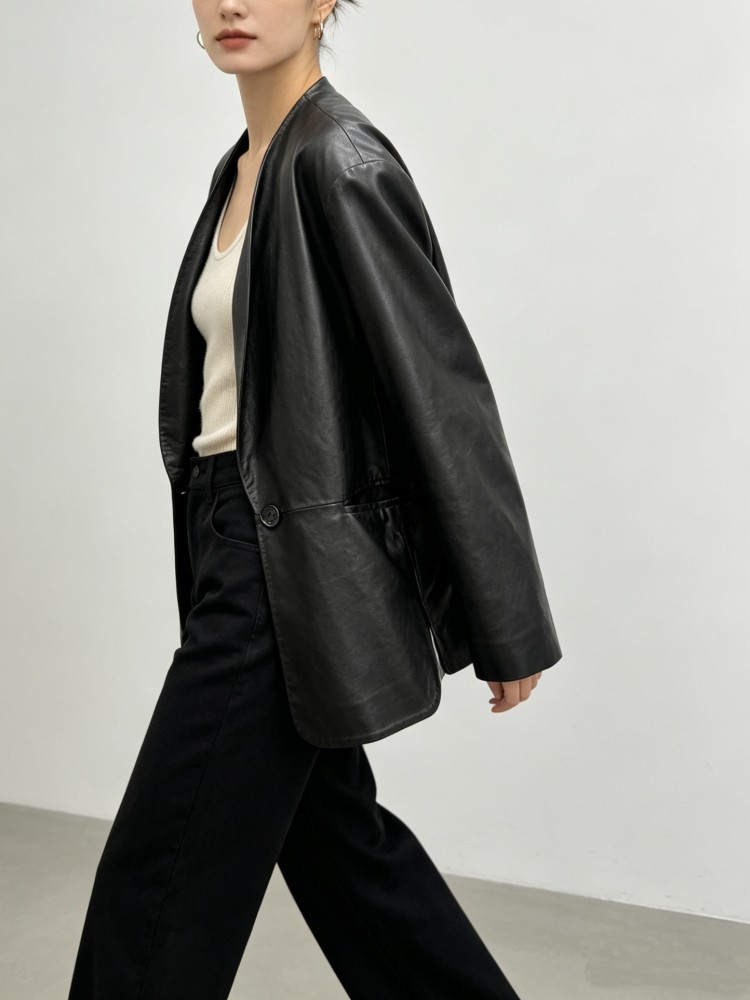 Fashion Women Loose Fit Soft R - Leather Work Jacket Women'S recension och pris