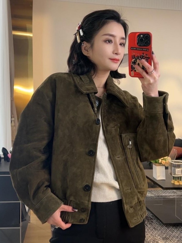 Luxury Retro Women Sheep Suede - Leather Work Jacket Women'S recension och pris