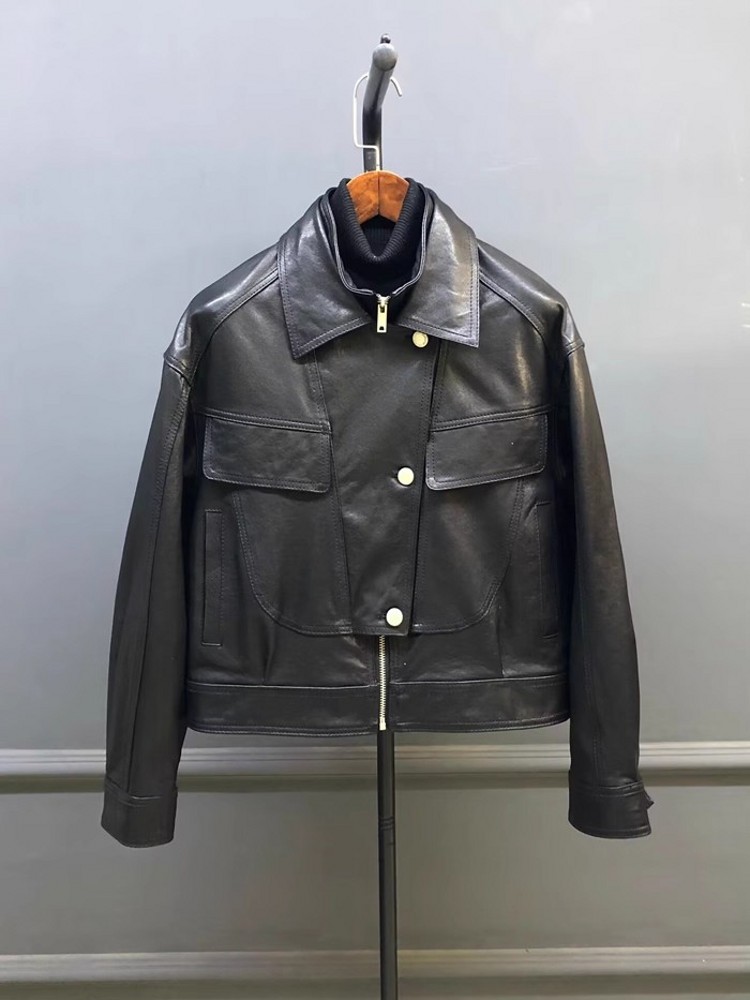 Designer Women Double Collar W - Leather Work Jacket Women'S recension och pris
